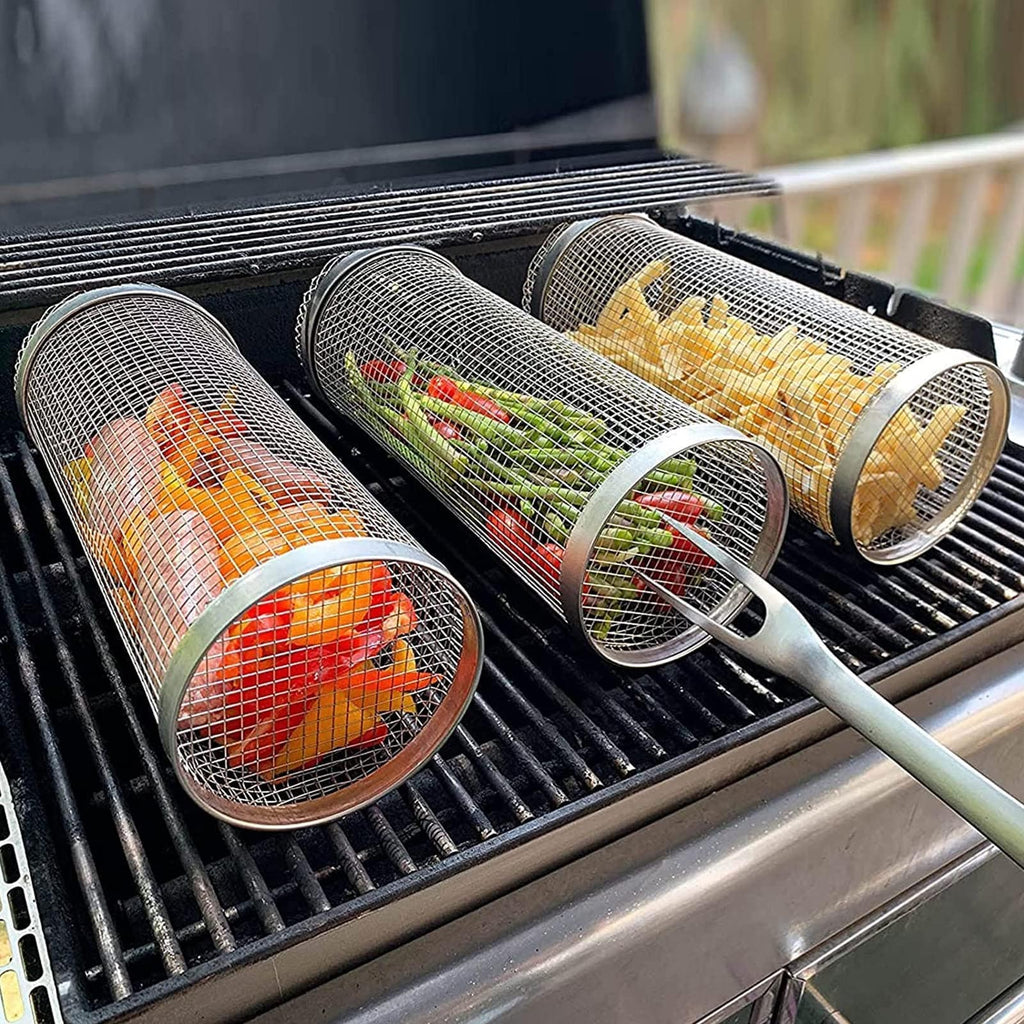 House Basket™ Rolling Grilling Basket Metal BBQ Barbecue Basket Net Portable Outdoor Camping Barbecue Rack Kitchen Gadgets