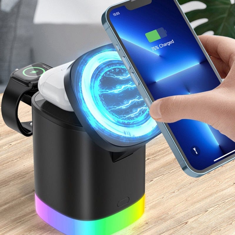 House Basket™ 3 In 1 Magnetic Wireless Fast Charger For Smart Phone RGB Ambient Light Charging Station For Airpods IWatch