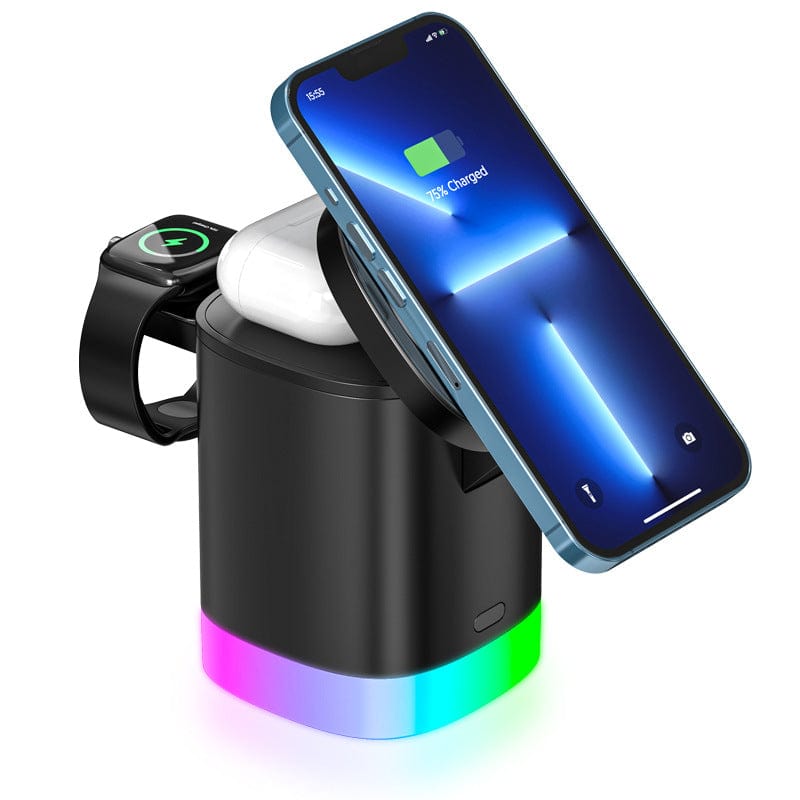 House Basket™ 3 In 1 Magnetic Wireless Fast Charger For Smart Phone RGB Ambient Light Charging Station For Airpods IWatch