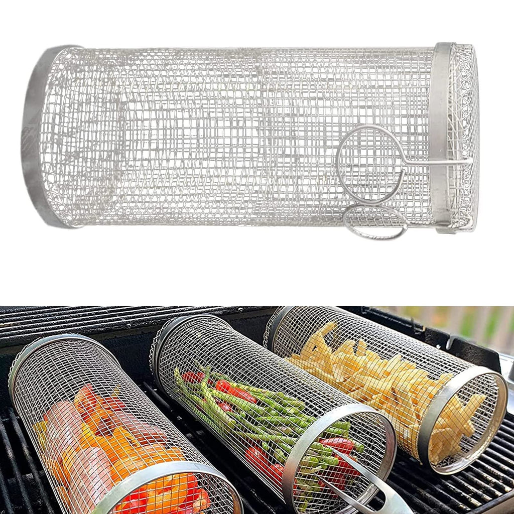 House Basket™ Rolling Grilling Basket Metal BBQ Barbecue Basket Net Portable Outdoor Camping Barbecue Rack Kitchen Gadgets