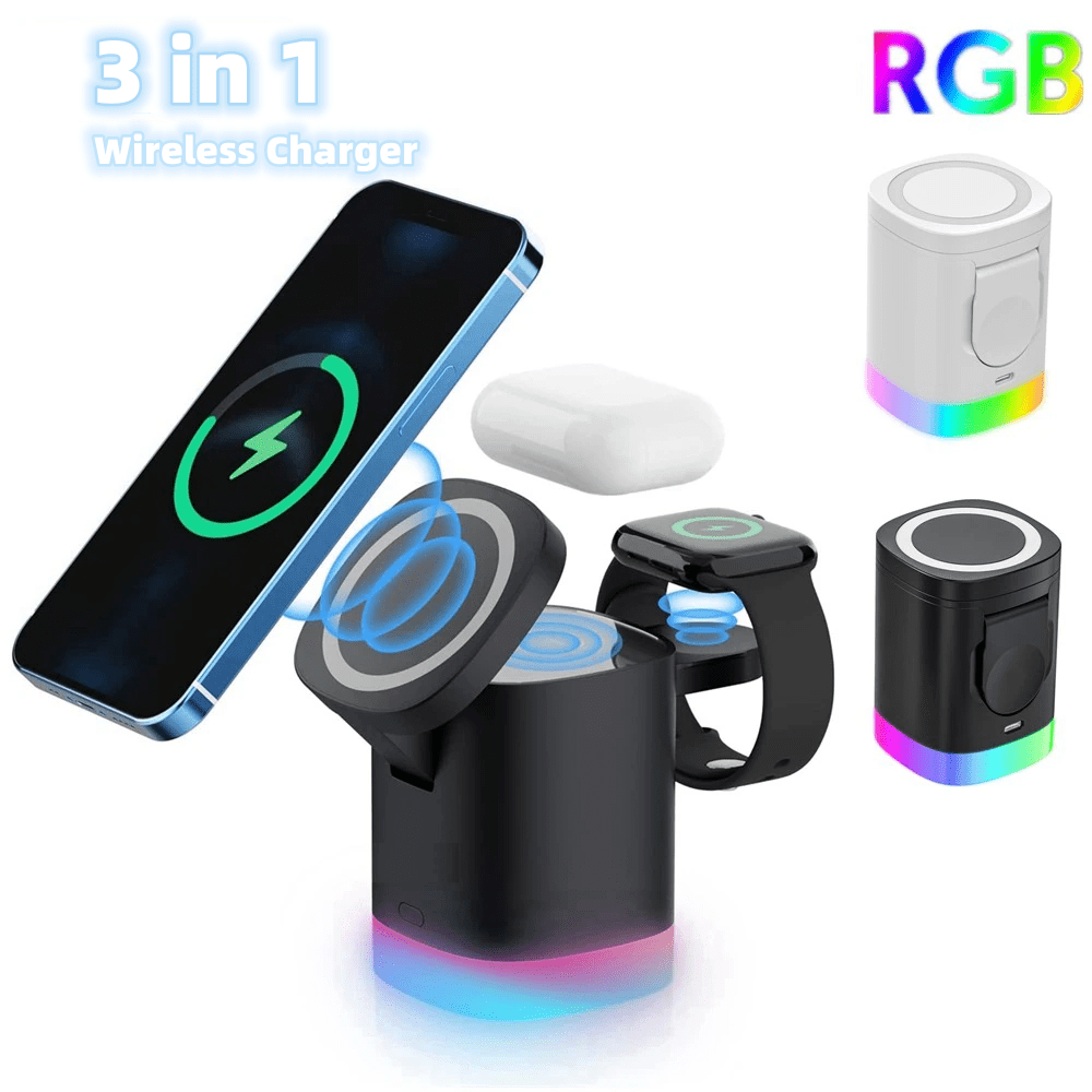 House Basket™ 3 In 1 Magnetic Wireless Fast Charger For Smart Phone RGB Ambient Light Charging Station For Airpods IWatch