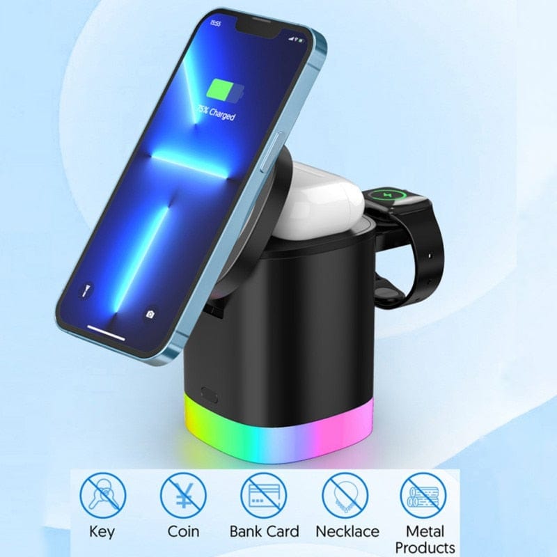 House Basket™ 3 In 1 Magnetic Wireless Fast Charger For Smart Phone RGB Ambient Light Charging Station For Airpods IWatch