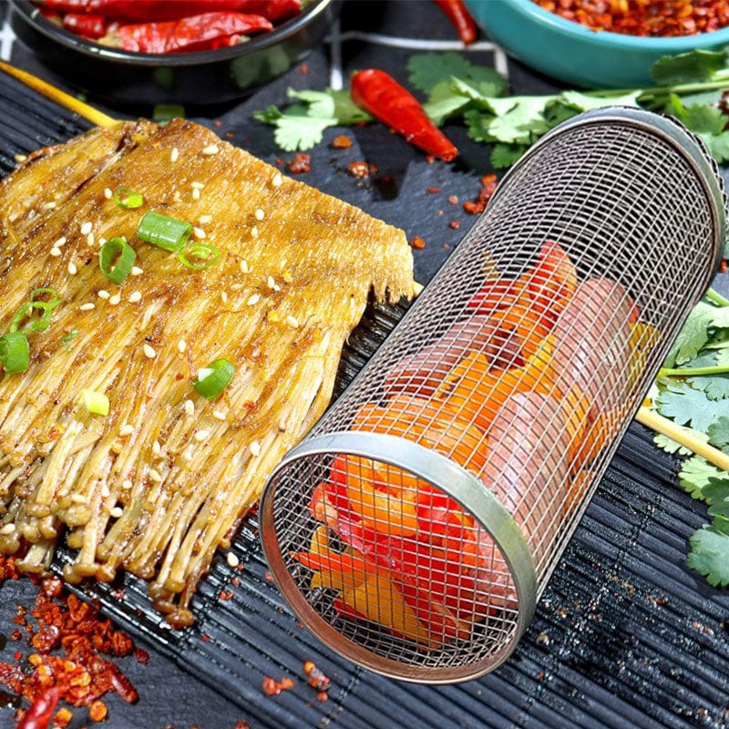 House Basket™ Rolling Grilling Basket Metal BBQ Barbecue Basket Net Portable Outdoor Camping Barbecue Rack Kitchen Gadgets